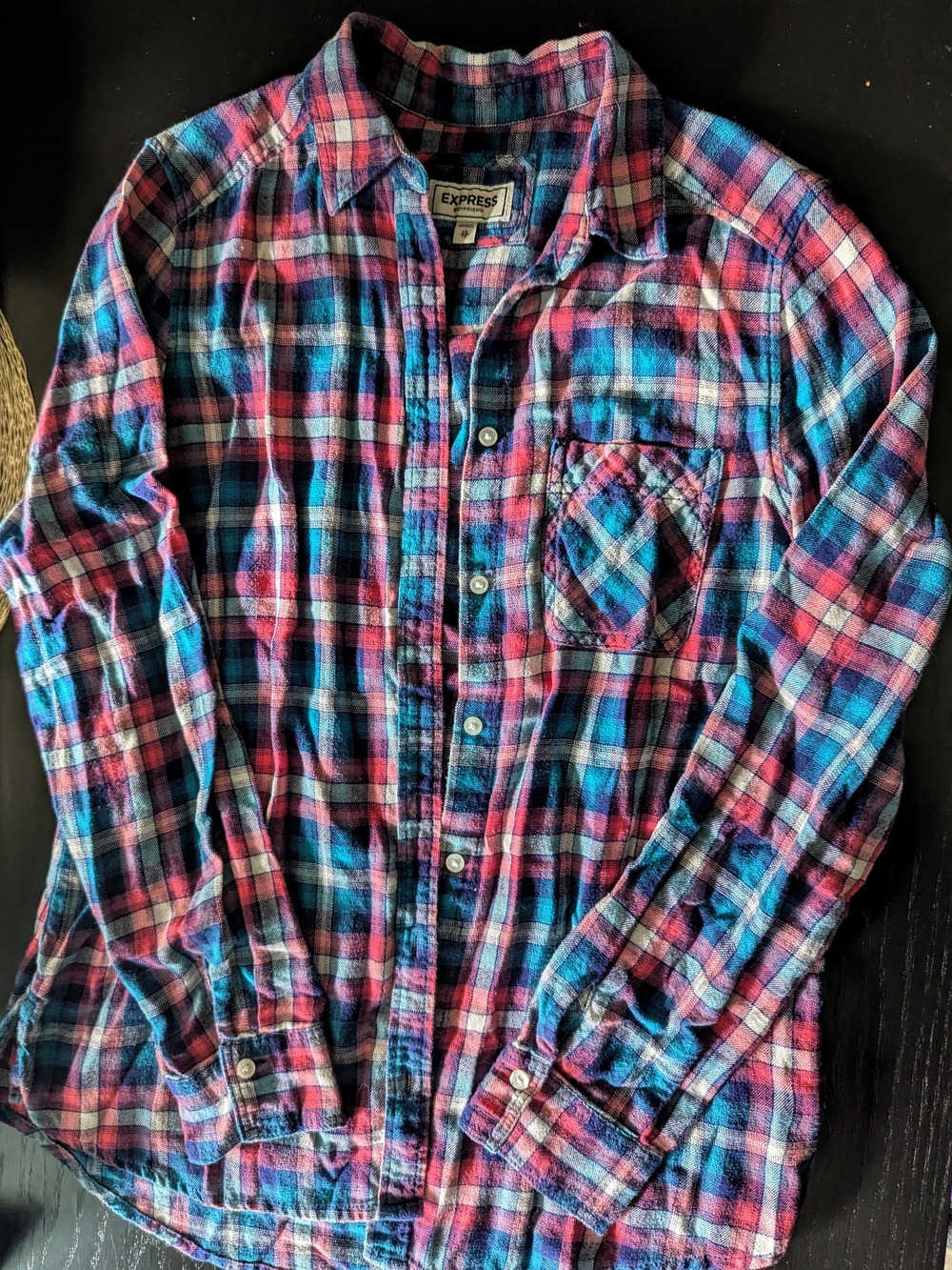 Express Boyfriend Blue & Pink Plaid Button-Down Shirt